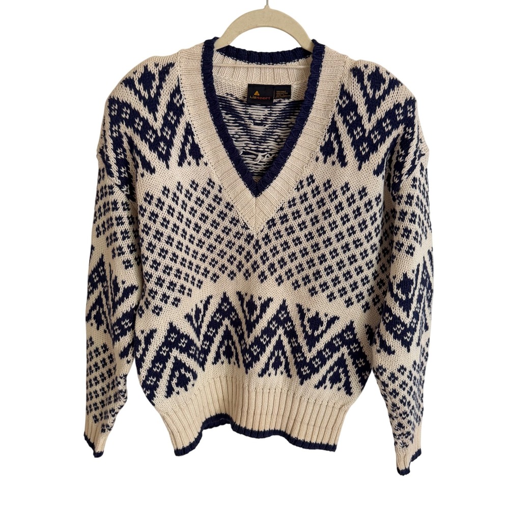 Lizsport Vintage 90s Womens Large V-Neck Sweater Navy Cream Fair Isle Chunky